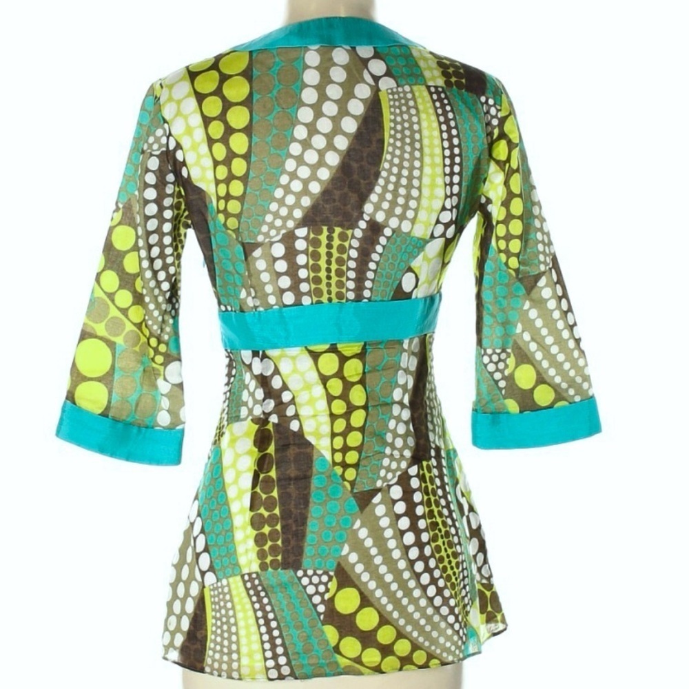 MILLY of NEW YORK Turquoise + Green Mod Print Top 3/4 sleeves Size 2 - Picture 5 of 16